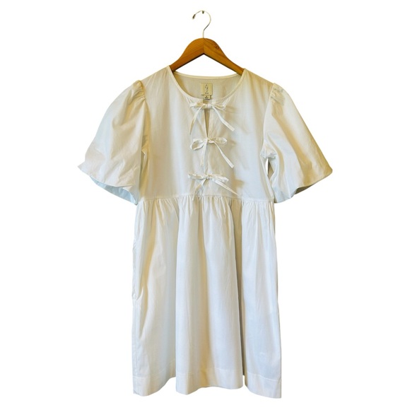 JOIE White Cotton Babydoll Dress Balloon Short Sleeves Small NEW Front Ties - Picture 1 of 8
